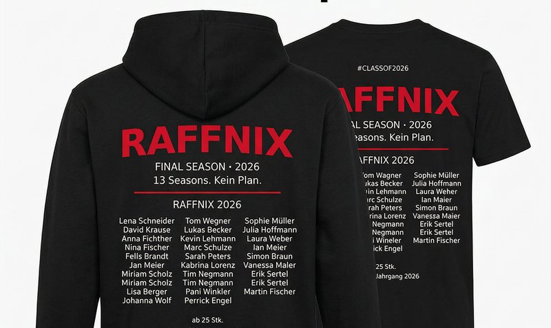 RAFFNIX 2026 Hoodie und T-Shirt Vorder- und Rückseite – Stoff³ Kassel